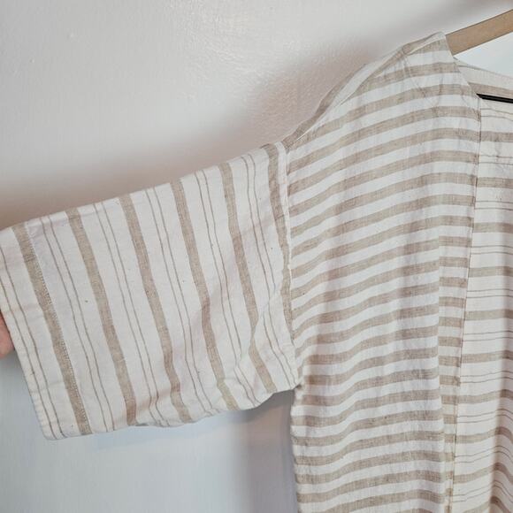 J.Jill Linen Stripe Boxy Blouse S Petite Beige Ivory Half Sleeve Top - Picture 3 of 10